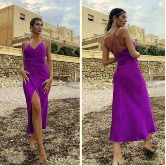 Zara purple Satin effect slip dress sweetheart spaghetti strap faux wrap Sz L - Picture 3 of 16